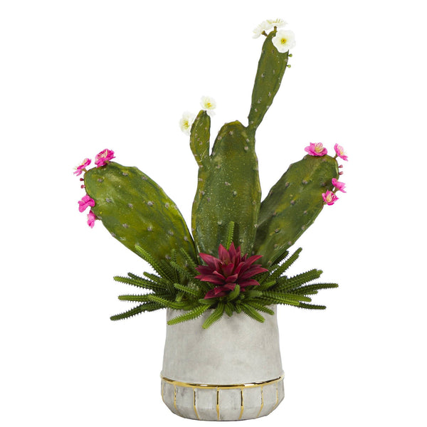 27” Cactus and Succulent Artificial Plant in Stoneware Planter with Gold Trimming