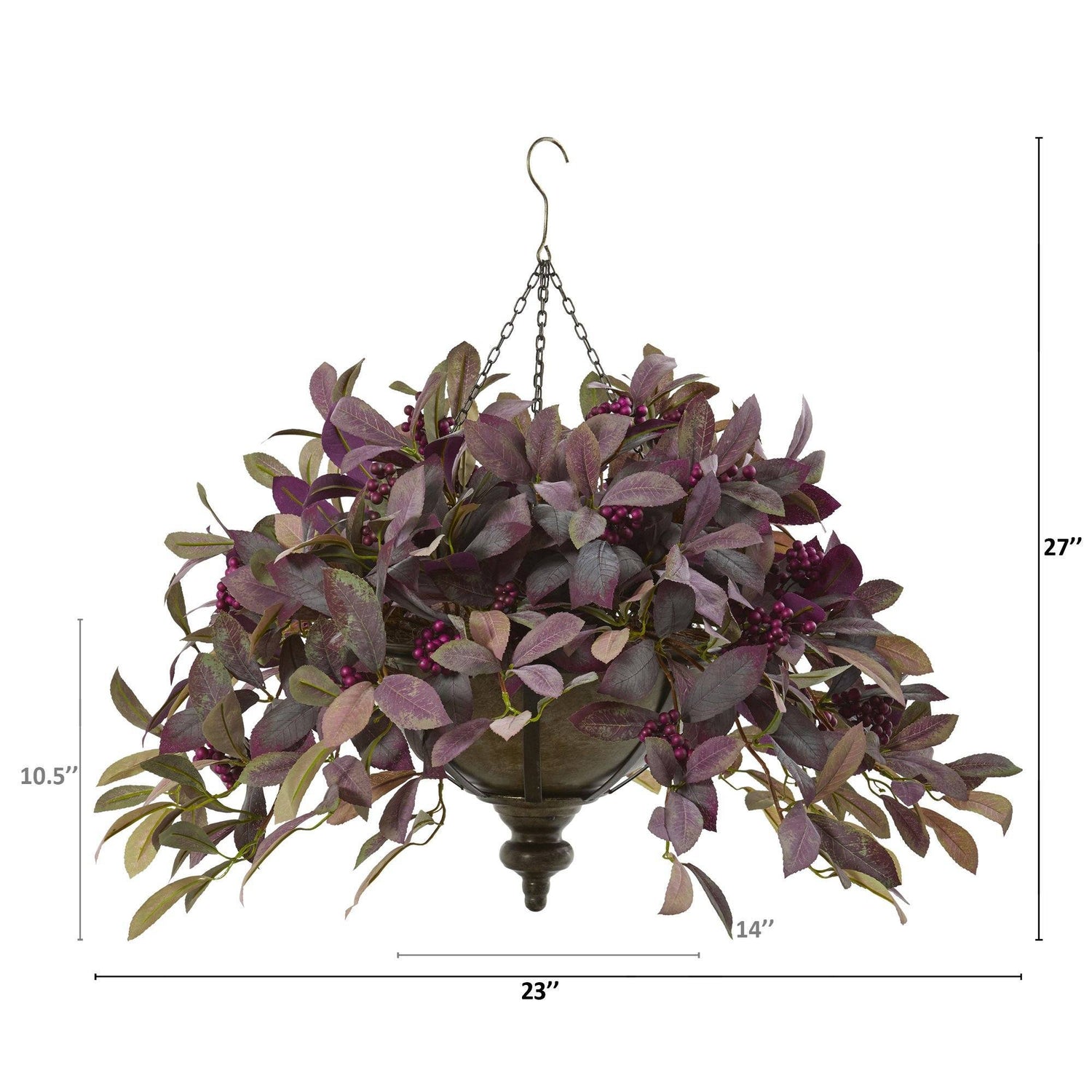 27” Fall Laurel Leaf with Berries Artificial Plant in Metal Hanging Bowl