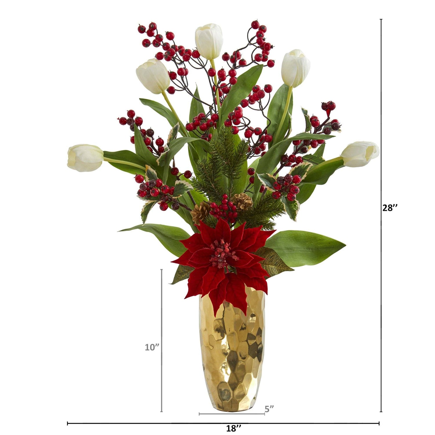 28” Tulip, Poinsettia and Berry Artificial Arrangement in Golden Vase