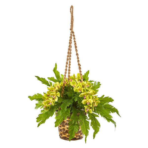 29” Artificial Phalaenopsis Orchid & Fern Plant in Hanging Basket
