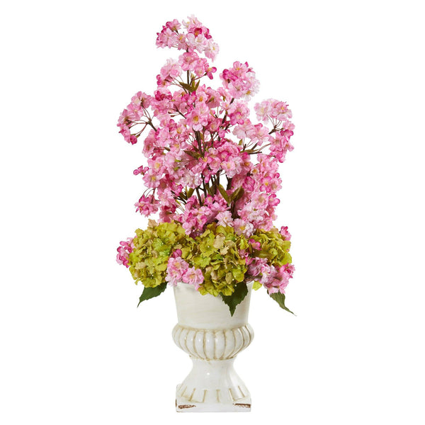29” Hydrangea and Cherry Blossom Artificial Arrangement in White Urn
