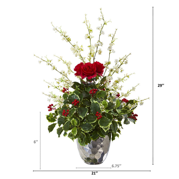29” Rose, Cherry Blossom and Holly Leaf Artificial Arrangement in Silver Bowl