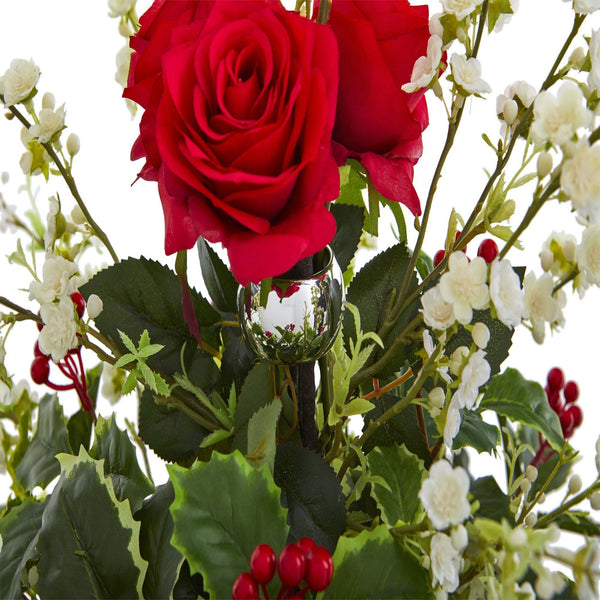 29” Rose, Cherry Blossom and Holly Leaf Artificial Arrangement in Silver Bowl