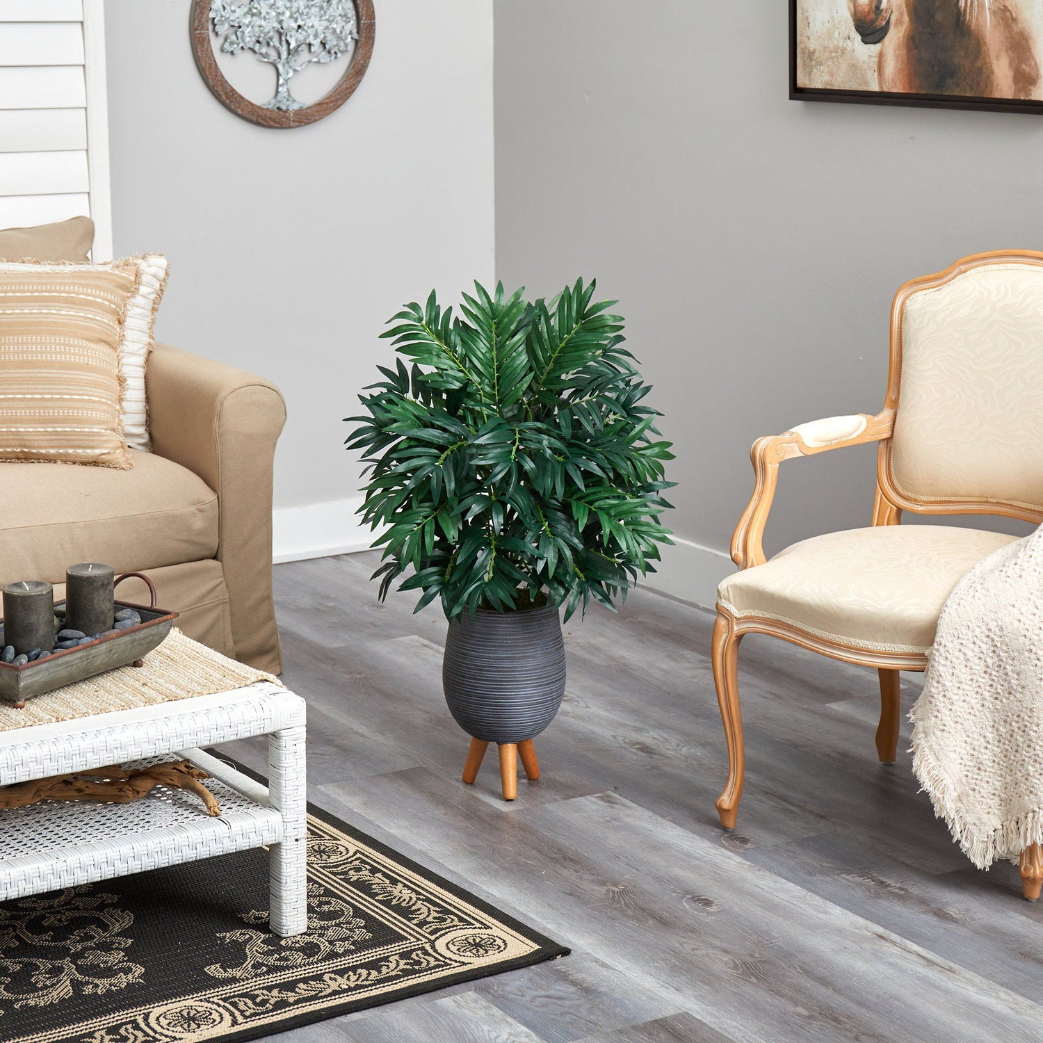 3’ Bamboo Palm Artificial Plant in Gray Planter with Stand