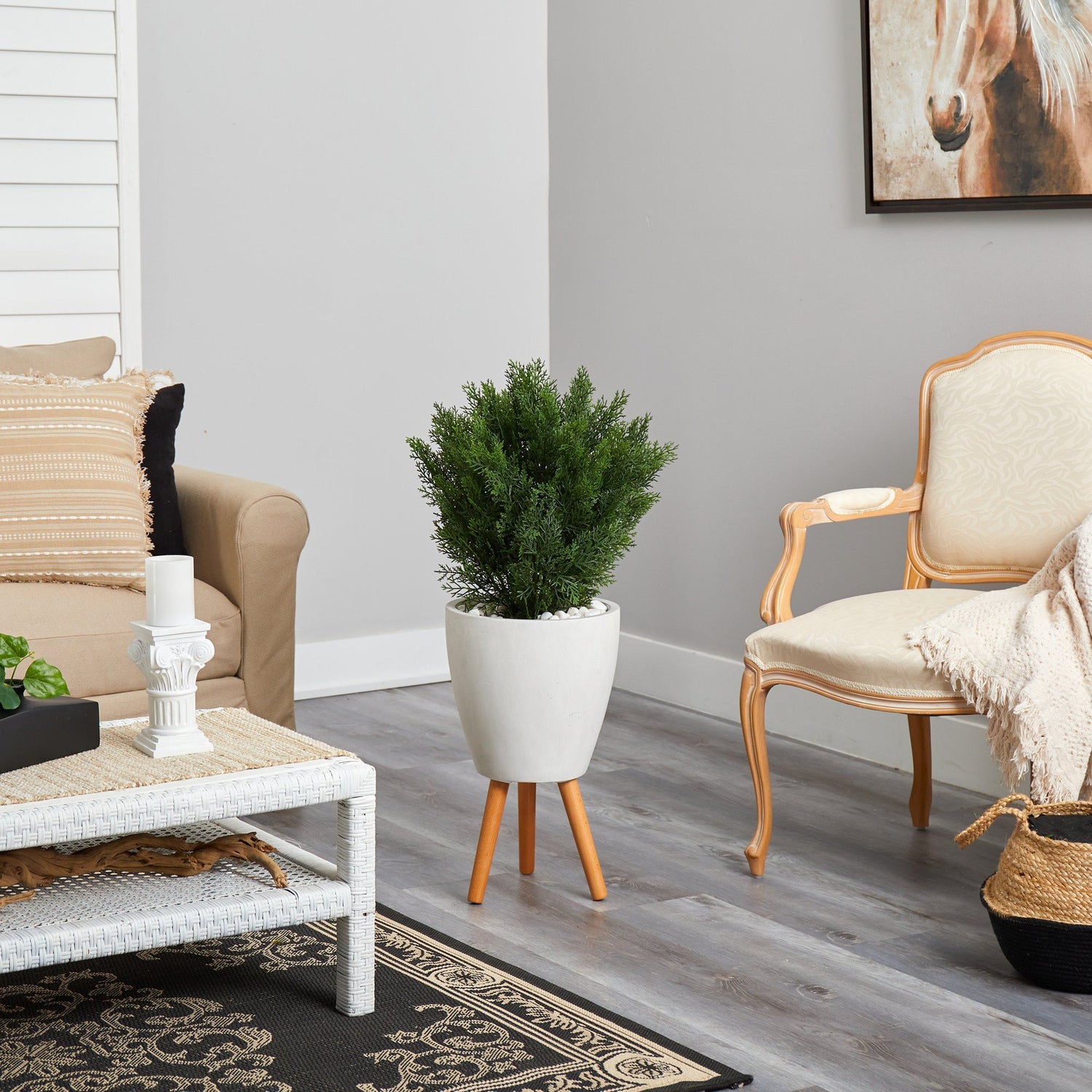 3’ Cedar Artificial Tree in White Planter with Stand (Indoor/Outdoor)