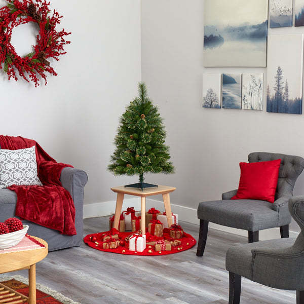 3’ Golden Tip Washington Pine Artificial Christmas Tree with 50 Clear Lights, Pine Cones and 148 Bendable Branches