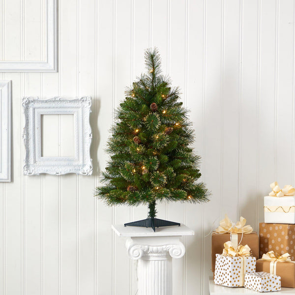 3’ Golden Tip Washington Pine Artificial Christmas Tree with 50 Clear Lights, Pine Cones and 148 Bendable Branches