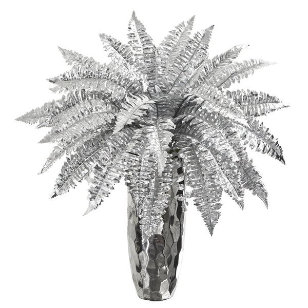 3’ Metallic Silver Boston Fern Artificial Plant in Silver Planter