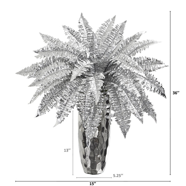 3’ Metallic Silver Boston Fern Artificial Plant in Silver Planter