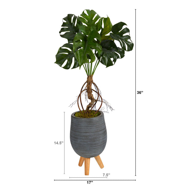 3’ Monstera Artificial Arrangement in Gray Planter with Stand