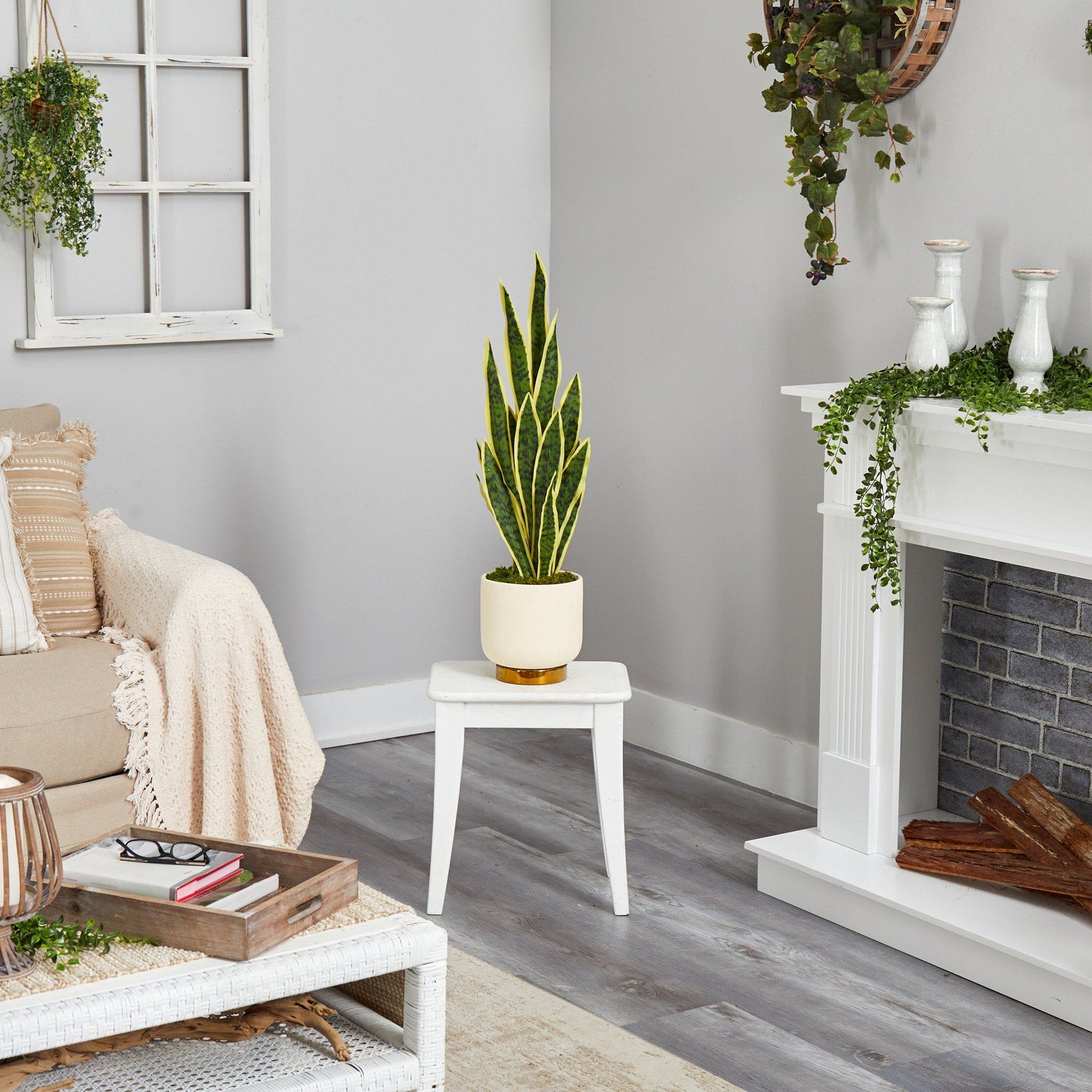 3’ Sansevieria Artificial Plant in Cream Planter with Gold Base