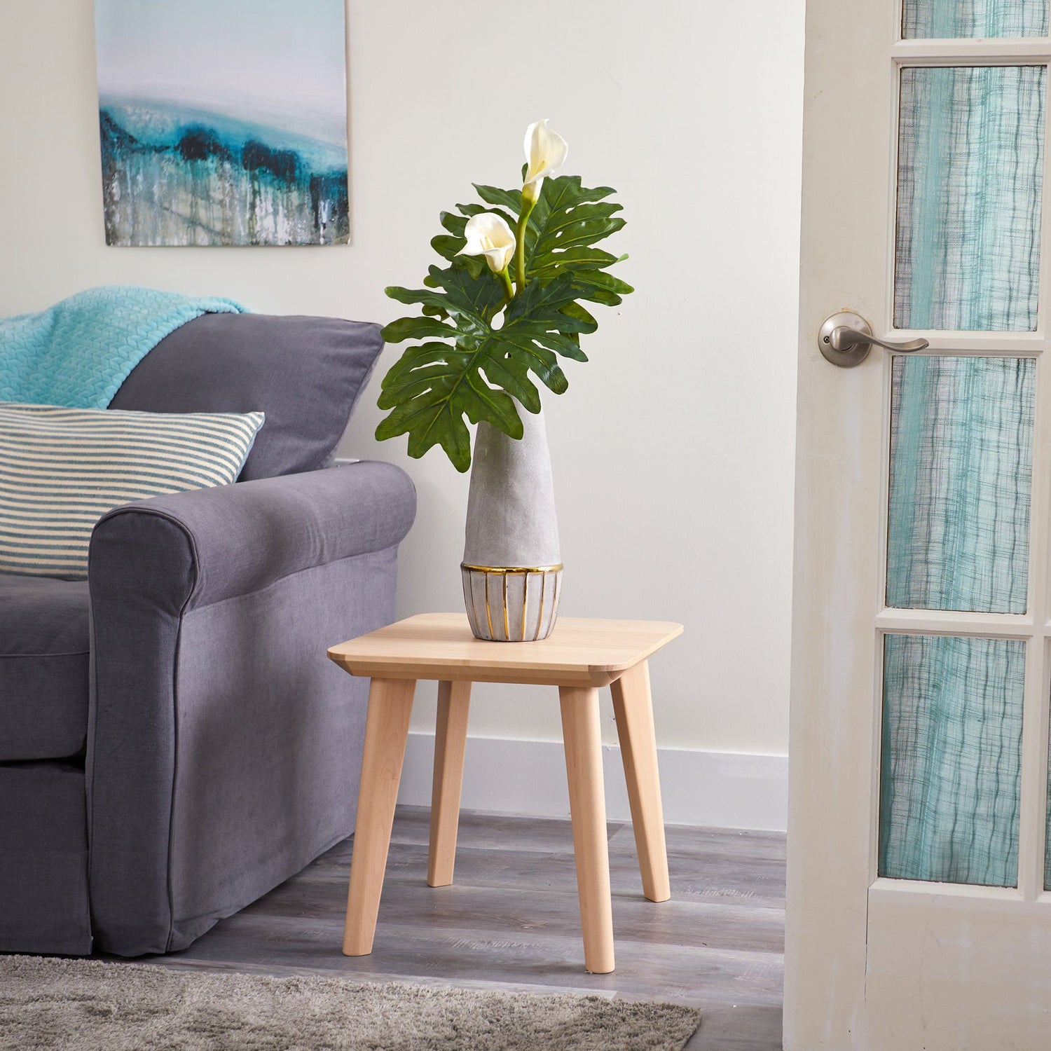 30” Calla Lily Artificial Arrangement in Stoneware Oval Vase with Gold Trimming