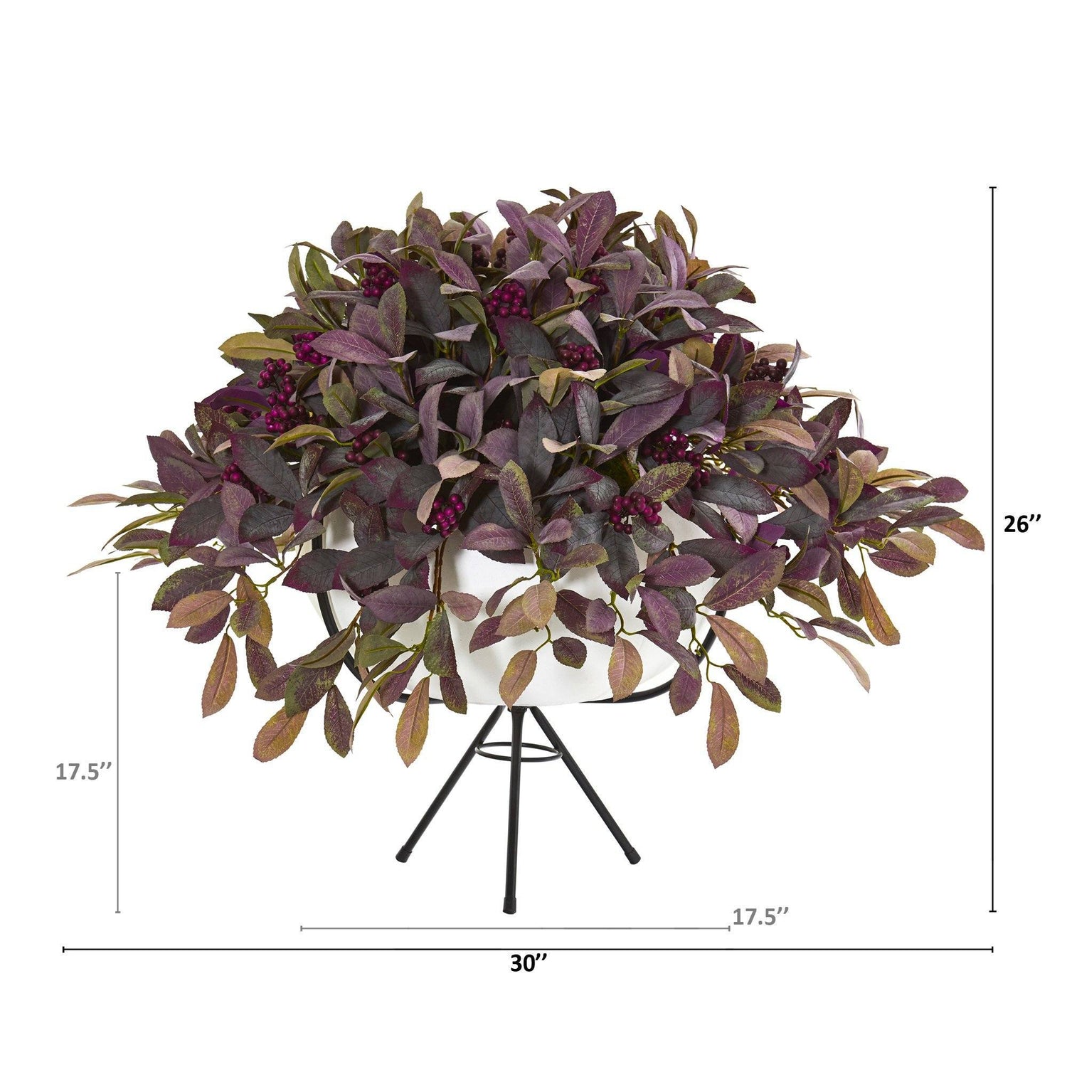 30” Fall Laurel Leaf with Berries Artificial Plant in White Planter with Metal Stand