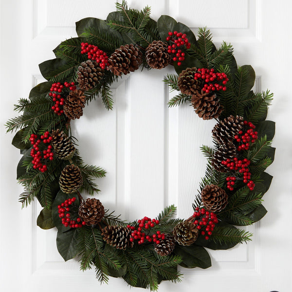 30” Magnolia Leaf, Berry, Pine and Pine Cone Artificial Wreath