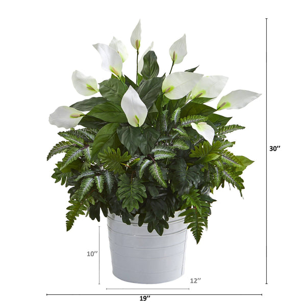 30” Mixed Spathiphyllum Artificial Plant in White Tin Planter