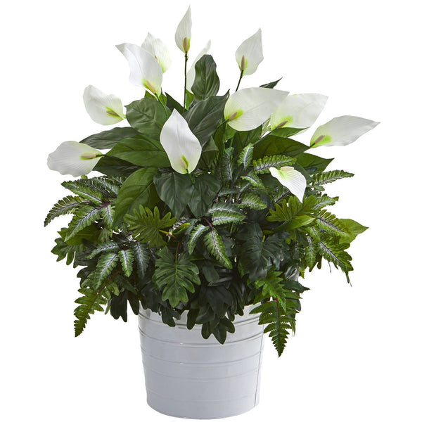 30” Mixed Spathiphyllum Artificial Plant in White Tin Planter
