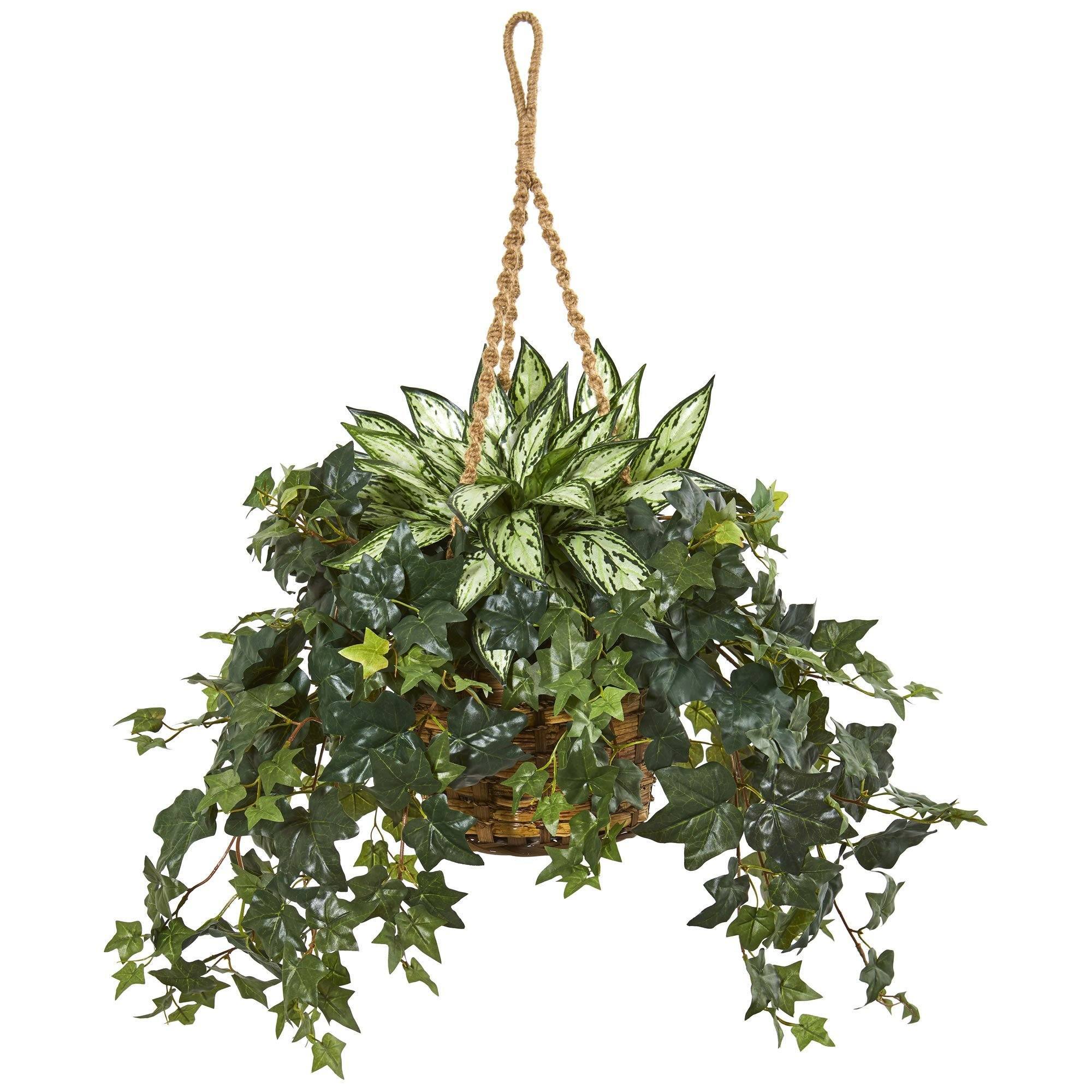 silver foliage plants for hanging baskets Nearly Natural 30in. Silver Queen and Ivy Artificial Plant in Hanging Basket