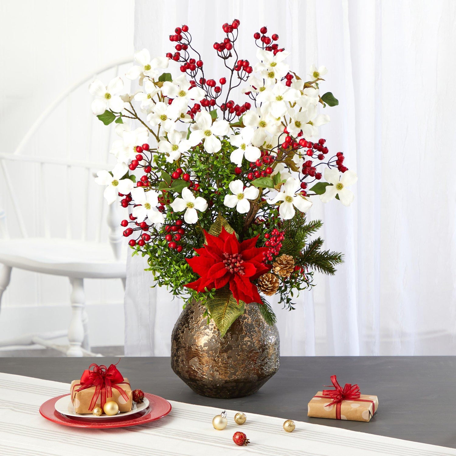 31” Poinsettia, Dogwood and Berry Artificial Arrangement in Designer Vase