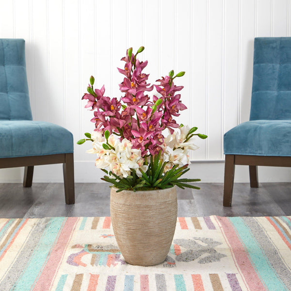 32” Cymbidium Orchid and Cactus Succulent Artificial Arrangement in Sand Colored Vase