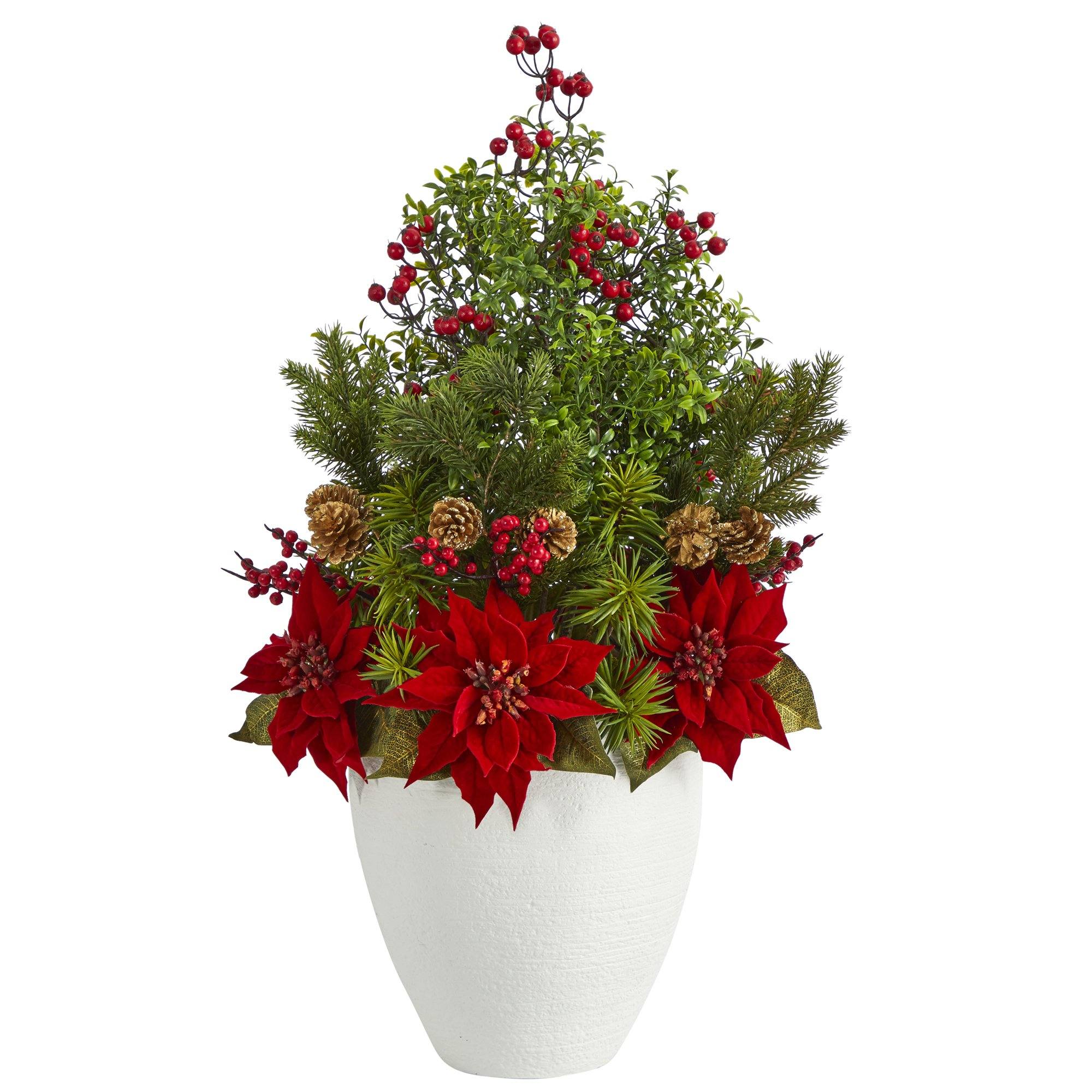 succulent christmas arrangements 32” Poinsettia, Boxwood and Succulent Artificial Arrangement in White Vase