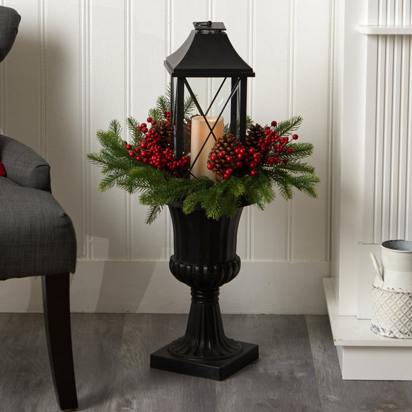 33” Holiday Greenery, Berries and Pinecones in Decorative Urn with Large Lantern