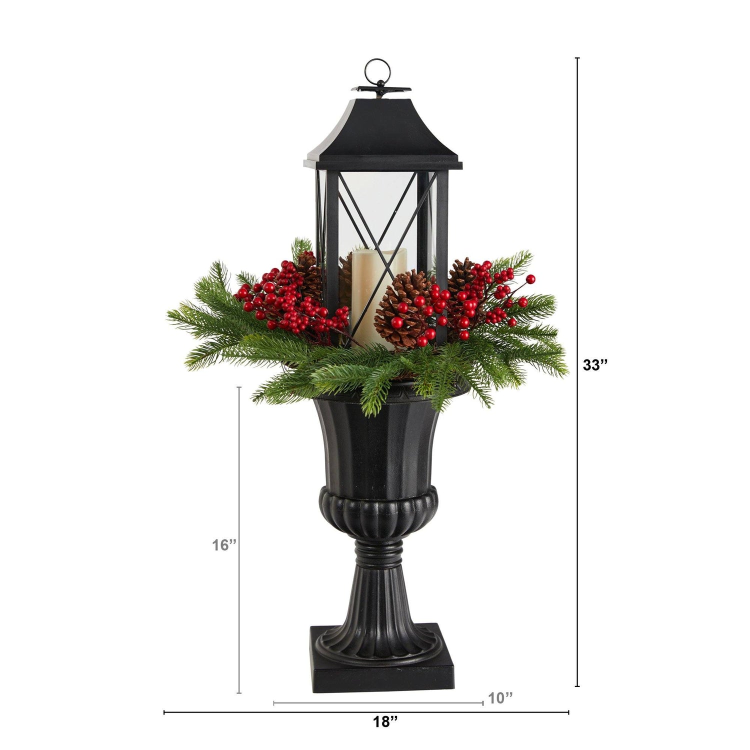 33” Holiday Greenery, Berries and Pinecones in Decorative Urn with Large Lantern