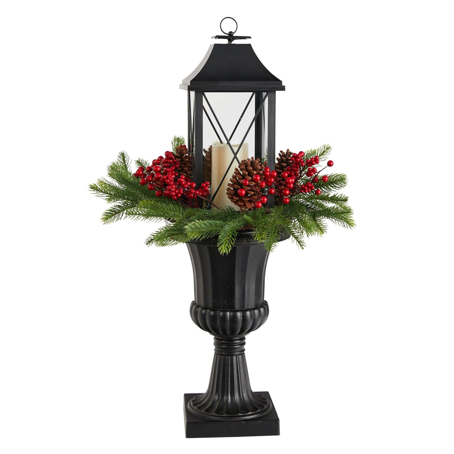 33” Holiday Greenery, Berries and Pinecones in Decorative Urn with Large Lantern