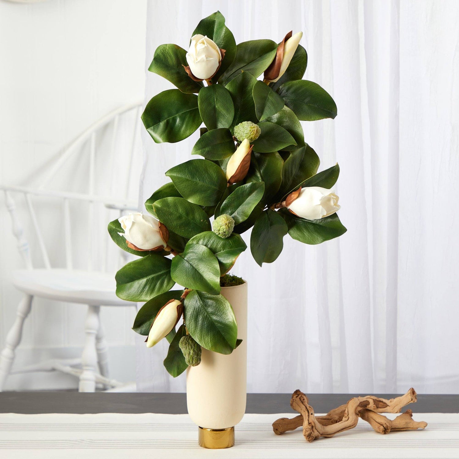 33” Magnolia Artificial Plant in Cream Planter with Gold Base