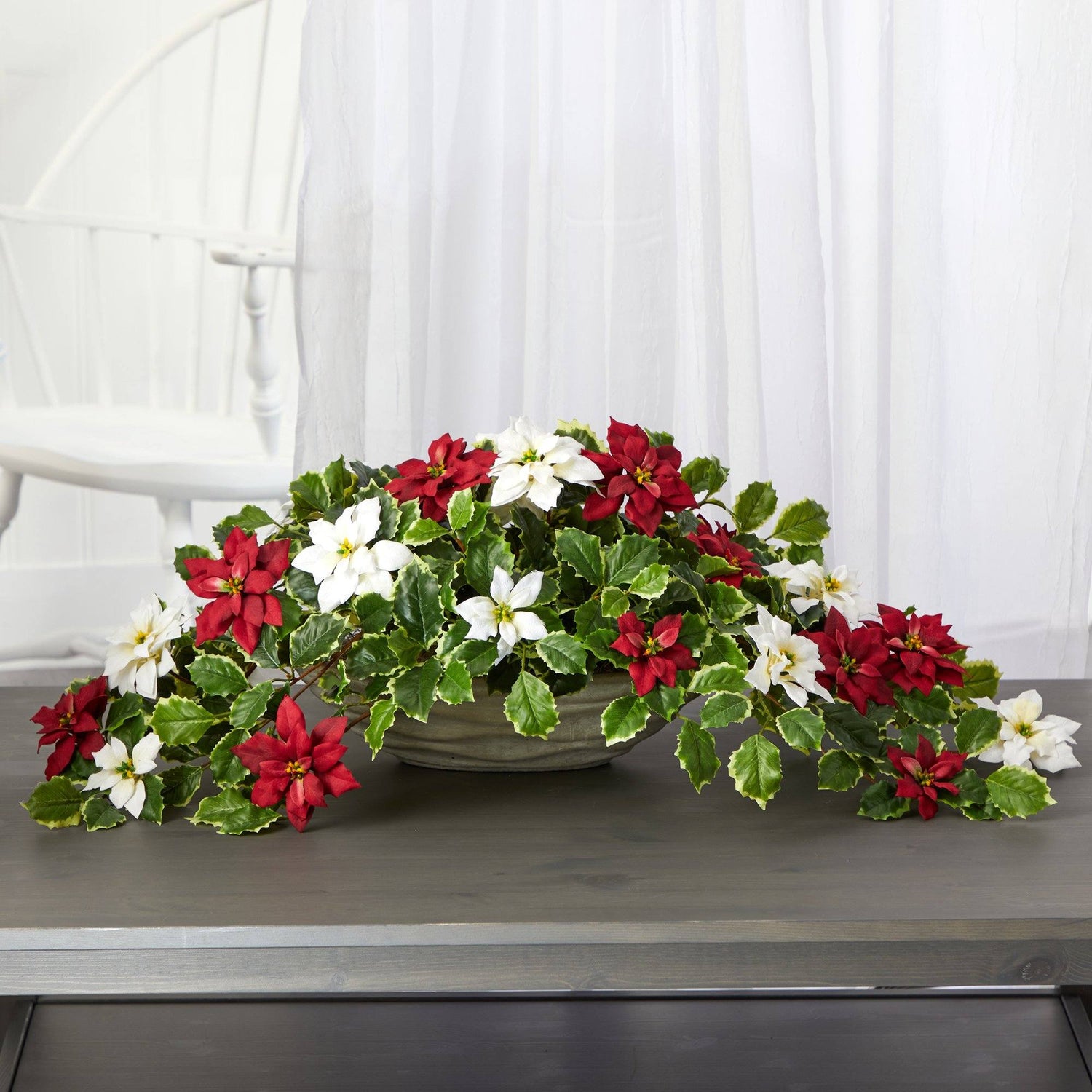 33” Poinsettia and Variegated Holly Artificial Plant in Planter (Real Touch)
