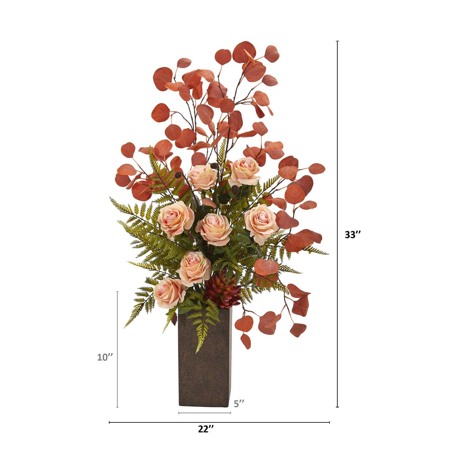 33” Rose, Eucalyptus and Fern Artificial Arrangement in Weathered Brown Planter