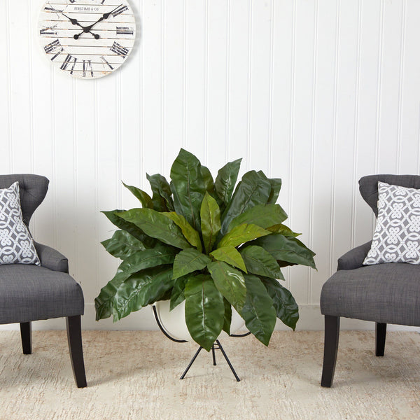 34” Bird’s Nest Fern Artificial Plant in White Planter with Metal Stand