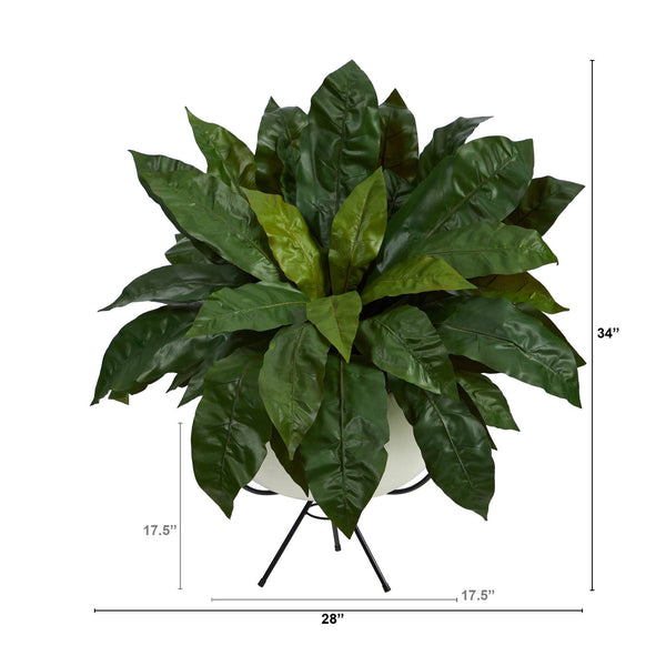 34” Bird’s Nest Fern Artificial Plant in White Planter with Metal Stand