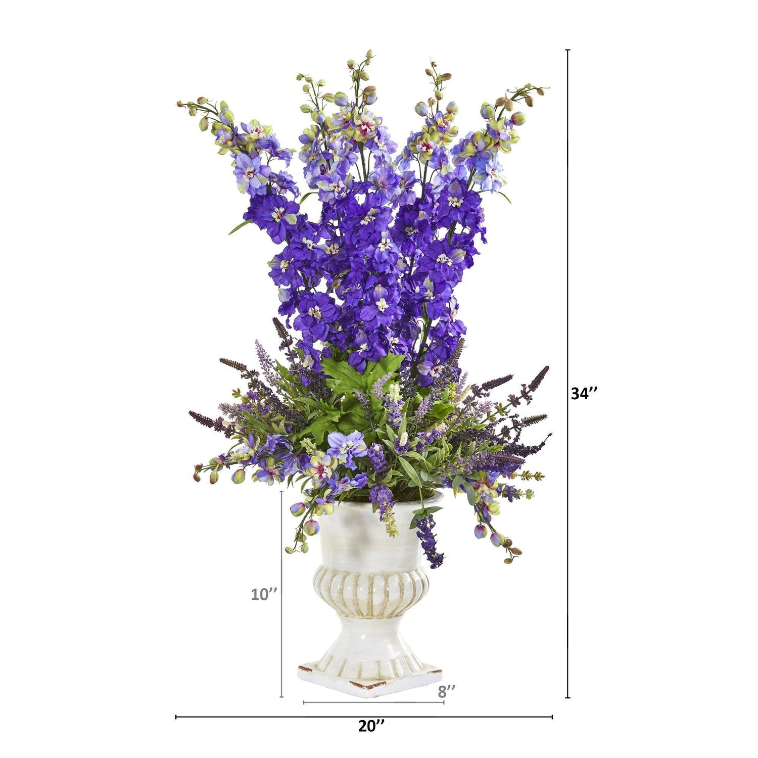 34” Delphinium and Lavender Arrangement in White Urn
