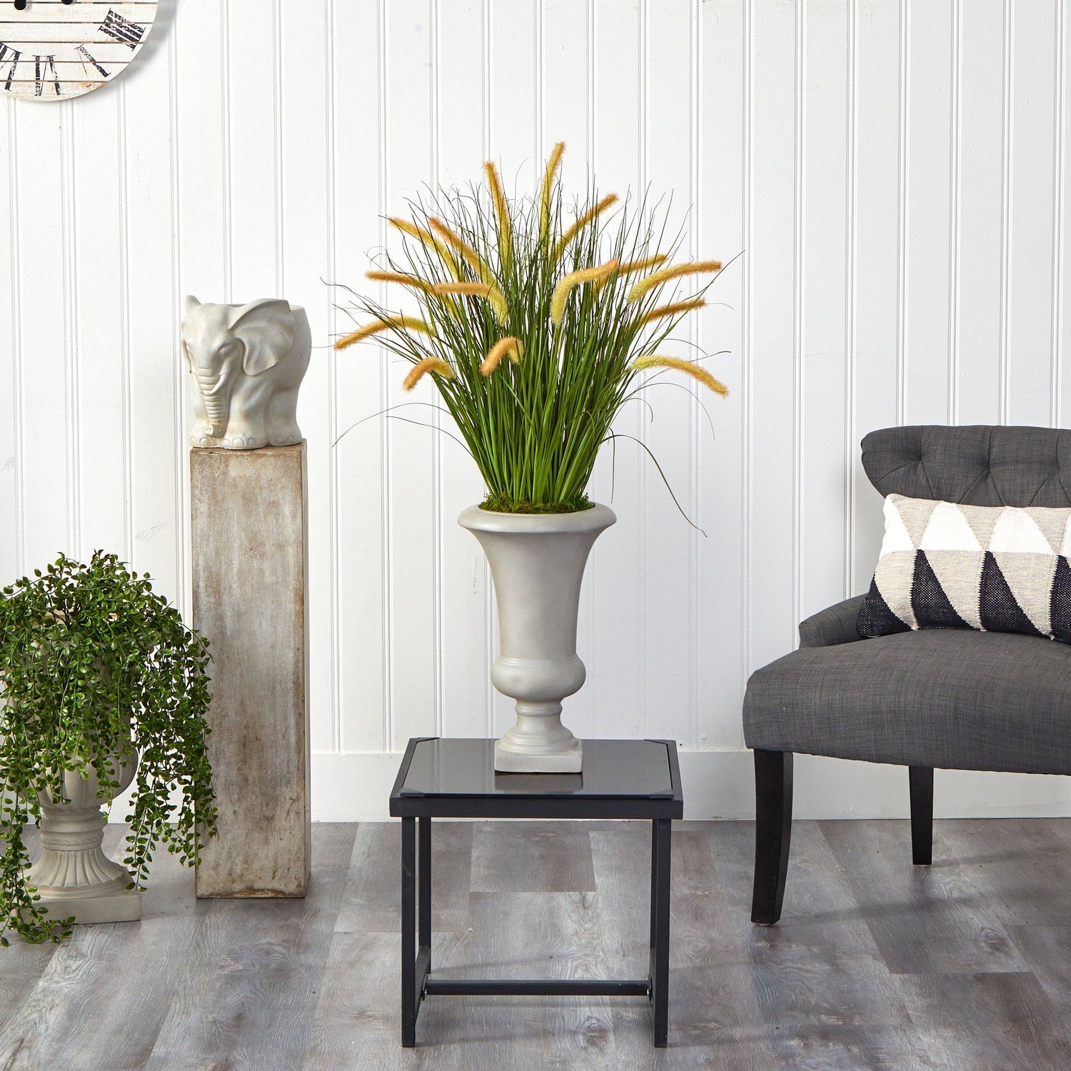 34” Onion Grass Artificial Plant in Sand Colored Urn