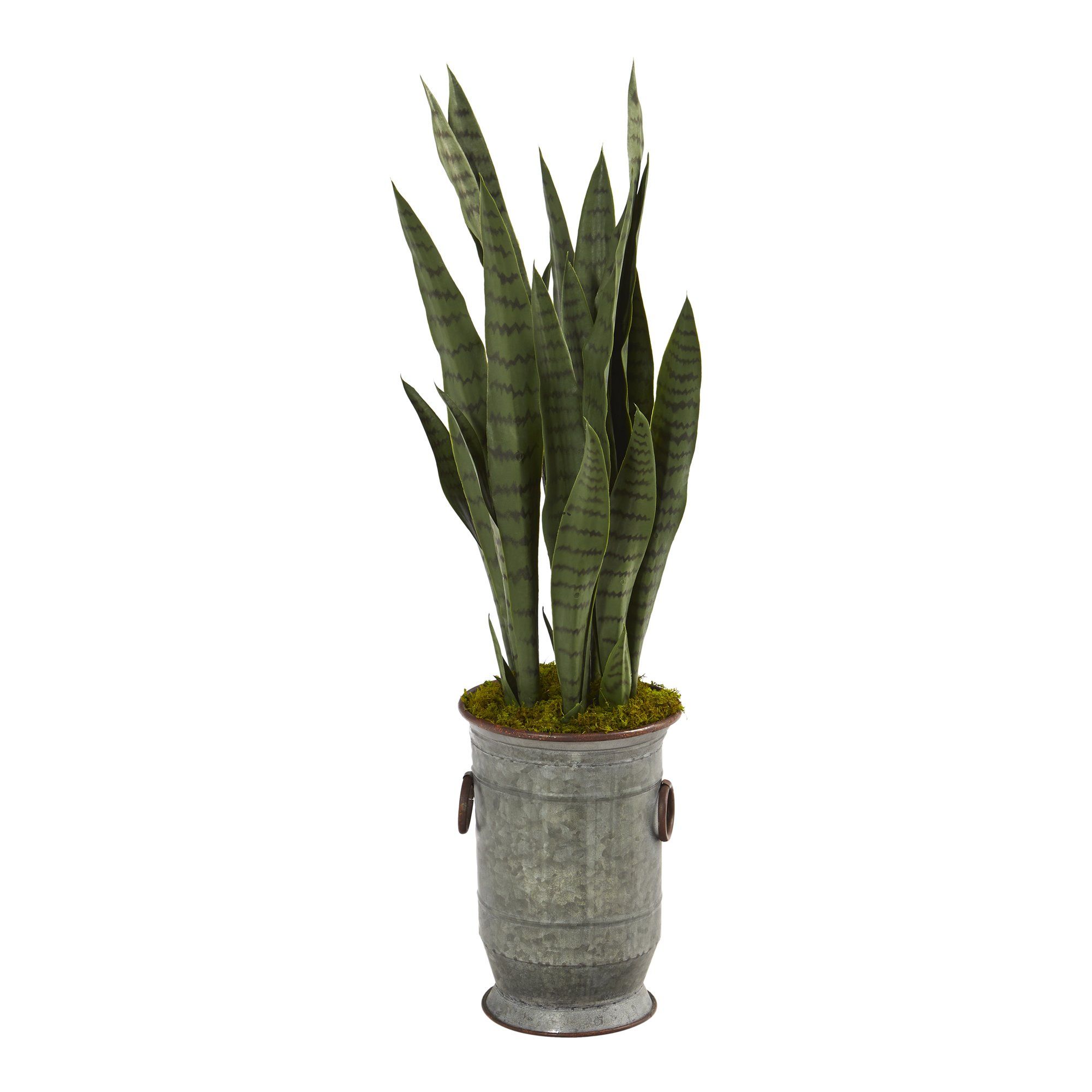 sansevieria artificial snake plant in metal planter Nearly Natural 34" Sansevieria Artificial Plant in Vintage Metal Planter