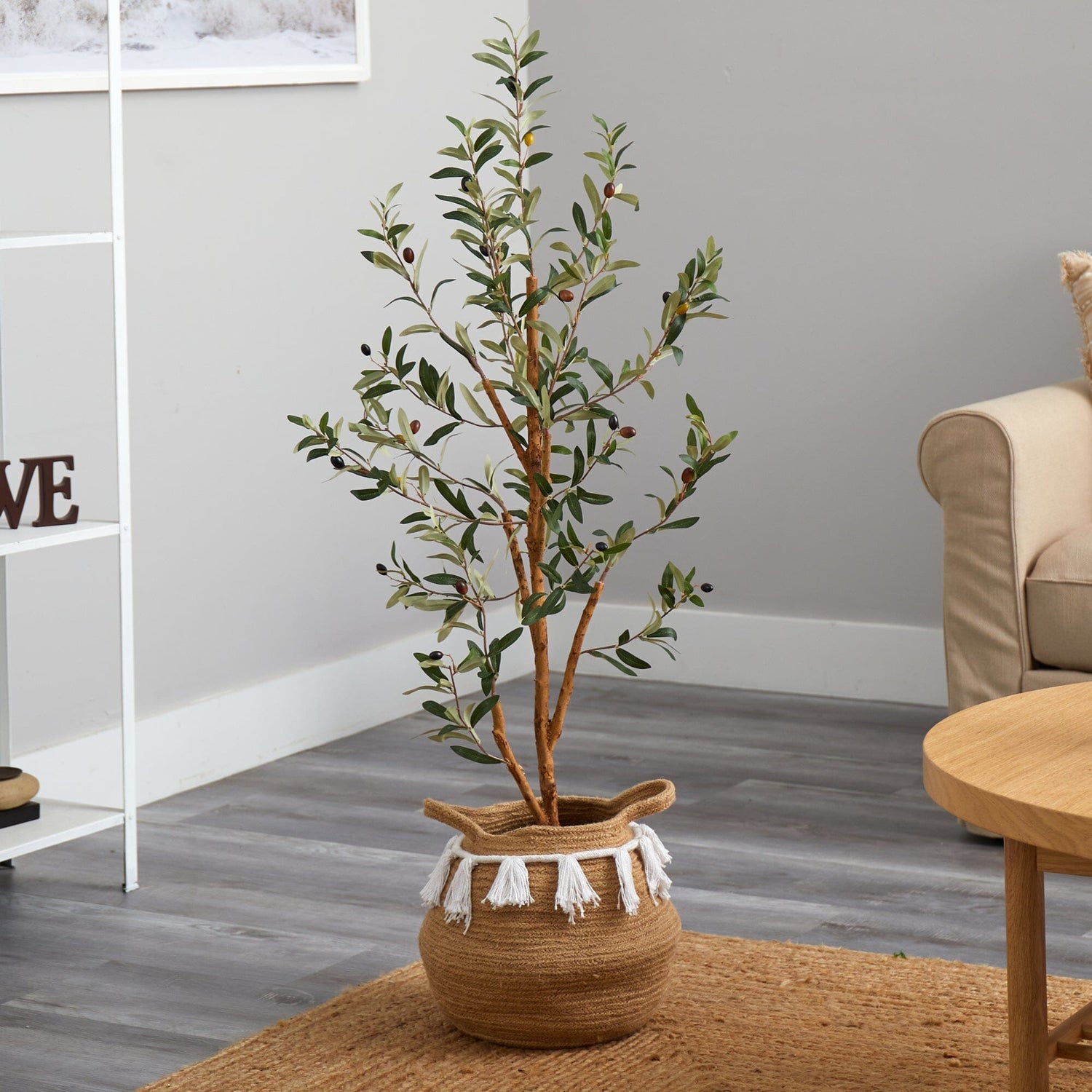 3.5’ Artificial Olive Tree with Handmade Jute & Cotton Basket with Tassels