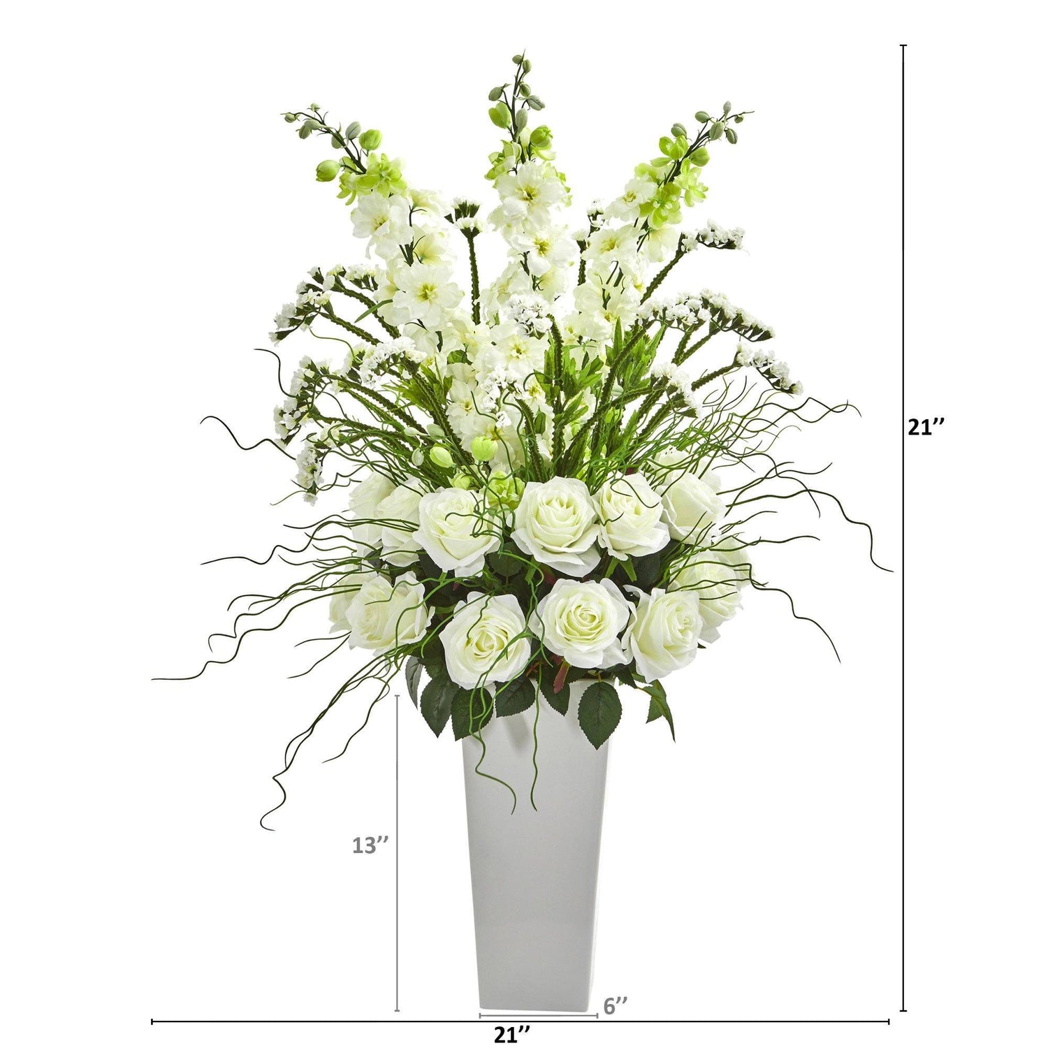 35” Delphinium and Rose Arrangement in White Planter