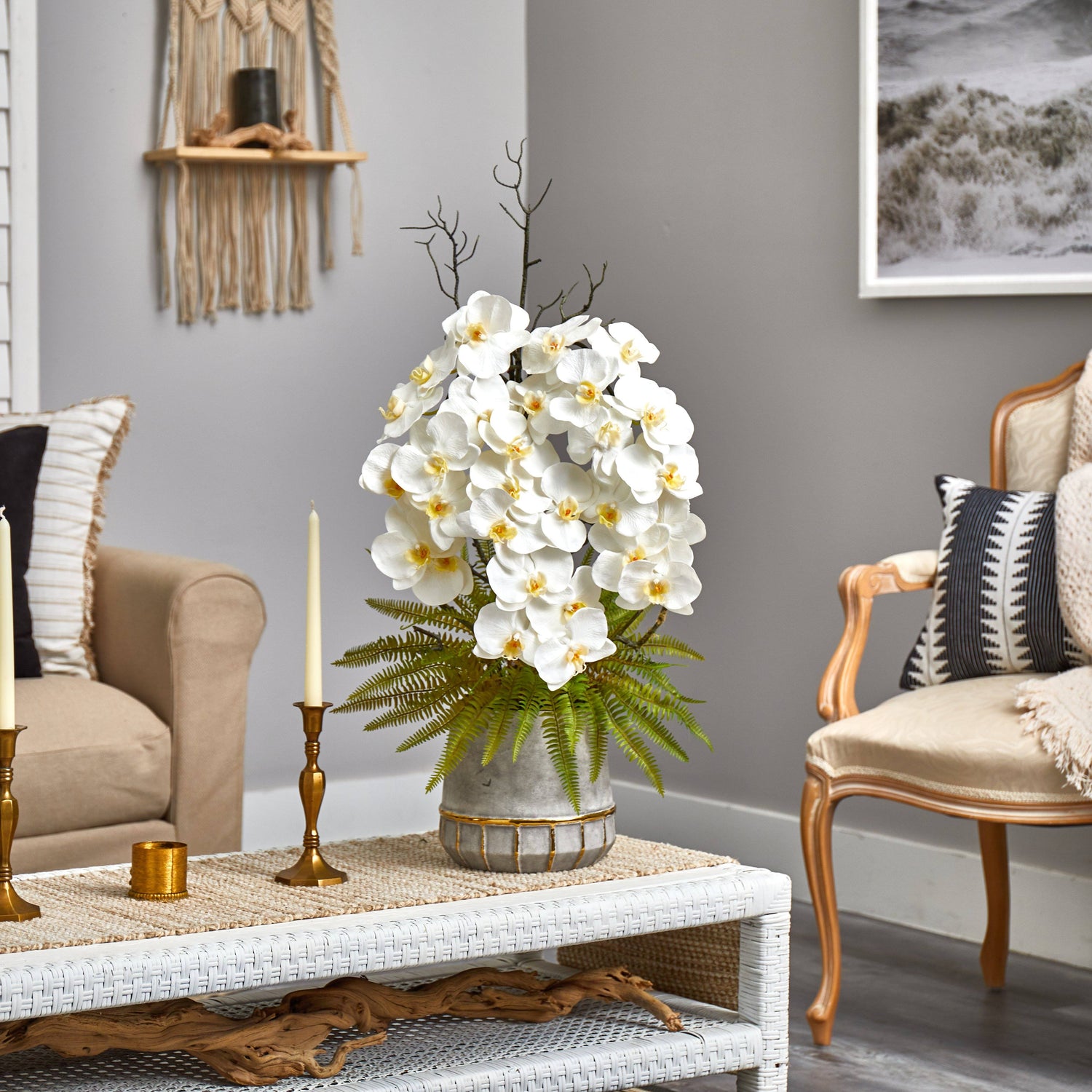 35” Phalaenopsis Orchid and Fern Artificial Arrangement in Stoneware Vase with Gold Trimming