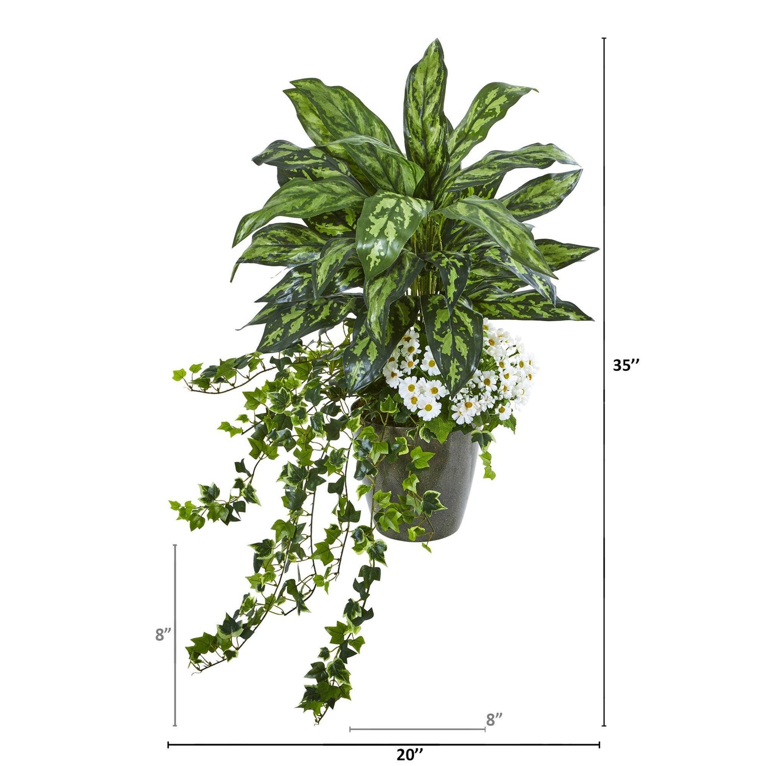 35” Silver King, Ivy and Daisy Artificial Plant in Decorative Planter