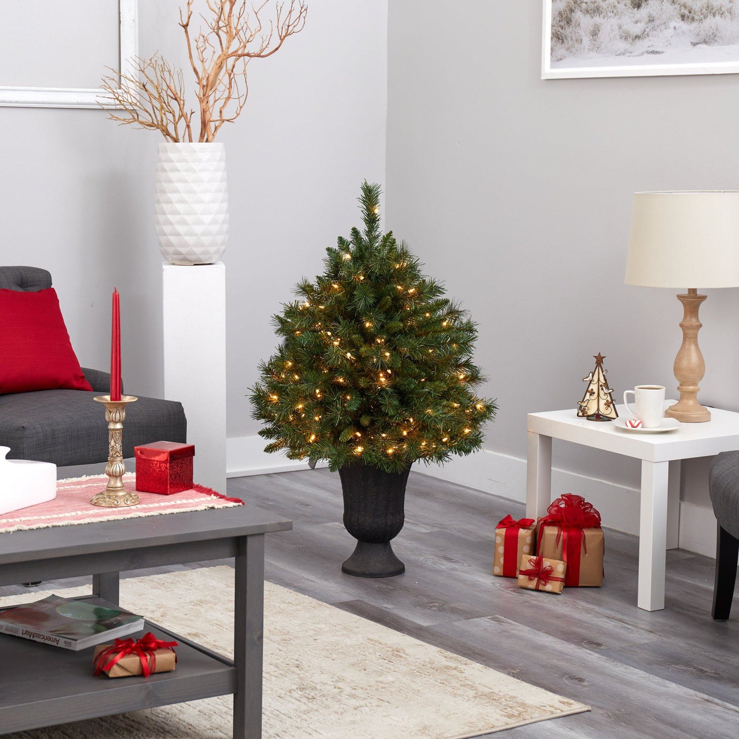 3.5’ Wyoming Mixed Pine Artificial Christmas Tree with 150 Clear Lights and 270 Bendable Branches in Charcoal Urn