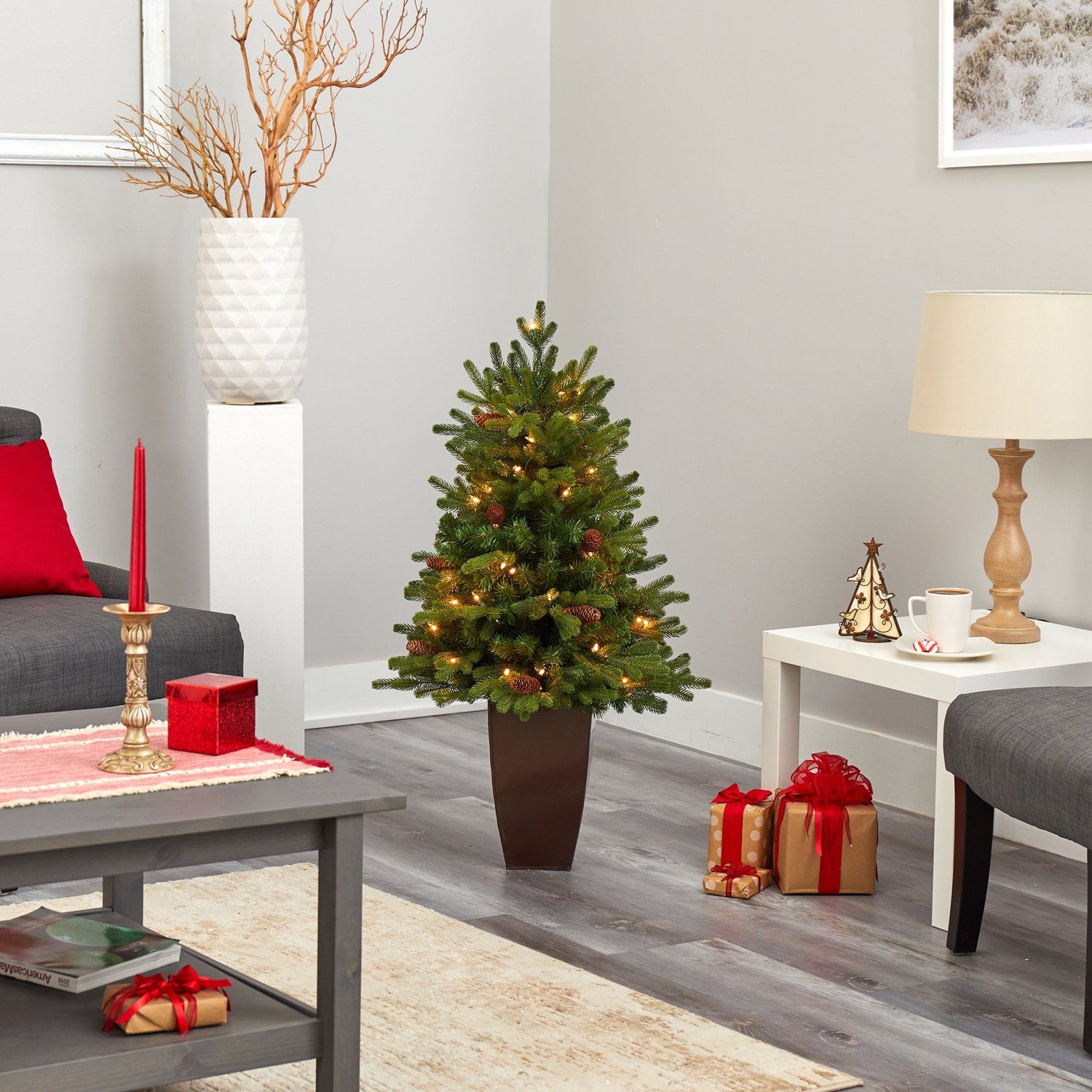 3.5’ Yukon Mountain Fir Artificial Christmas Tree with 50 Clear Lights and Pine Cones in Bronze Metal Planter