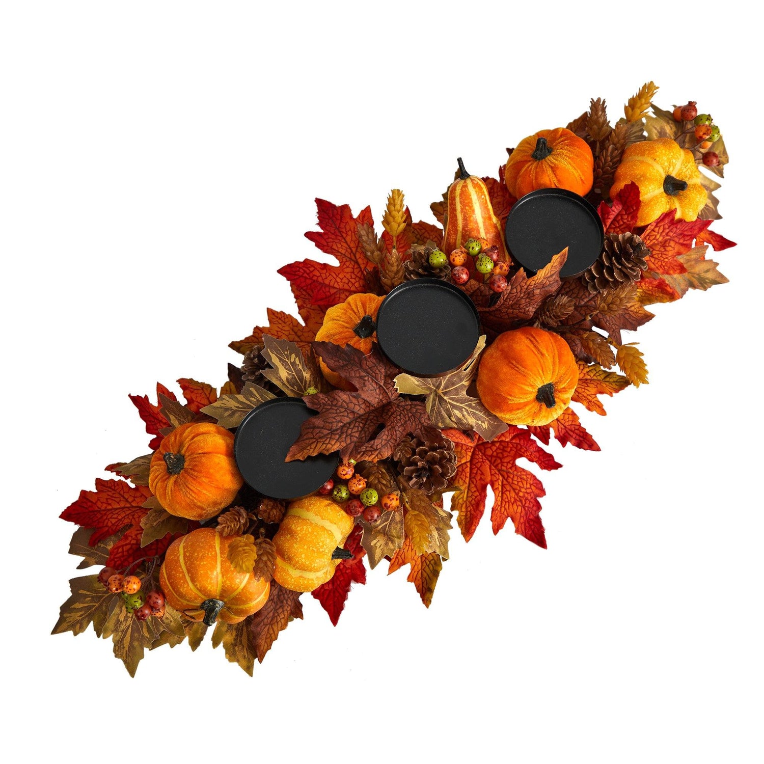 36” Autumn Maple Leaves, Pumpkin and Berries Fall Harvest Candelabrum Arrangement