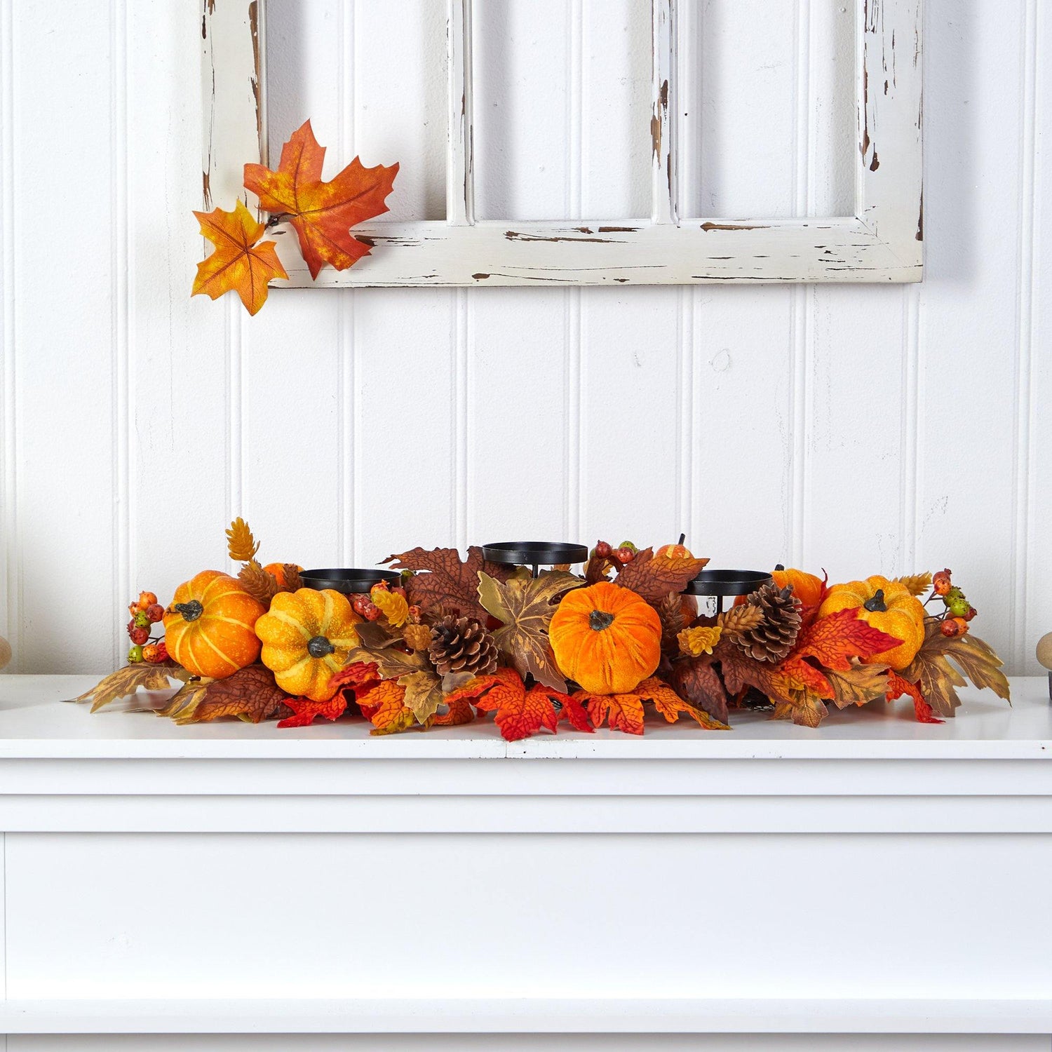 36” Autumn Maple Leaves, Pumpkin and Berries Fall Harvest Candelabrum Arrangement