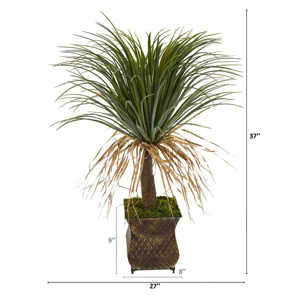 37” Pony Tail Palm Artificial Plant in Decorative Metal Planter
