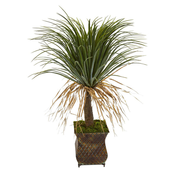 37” Pony Tail Palm Artificial Plant in Decorative Metal Planter