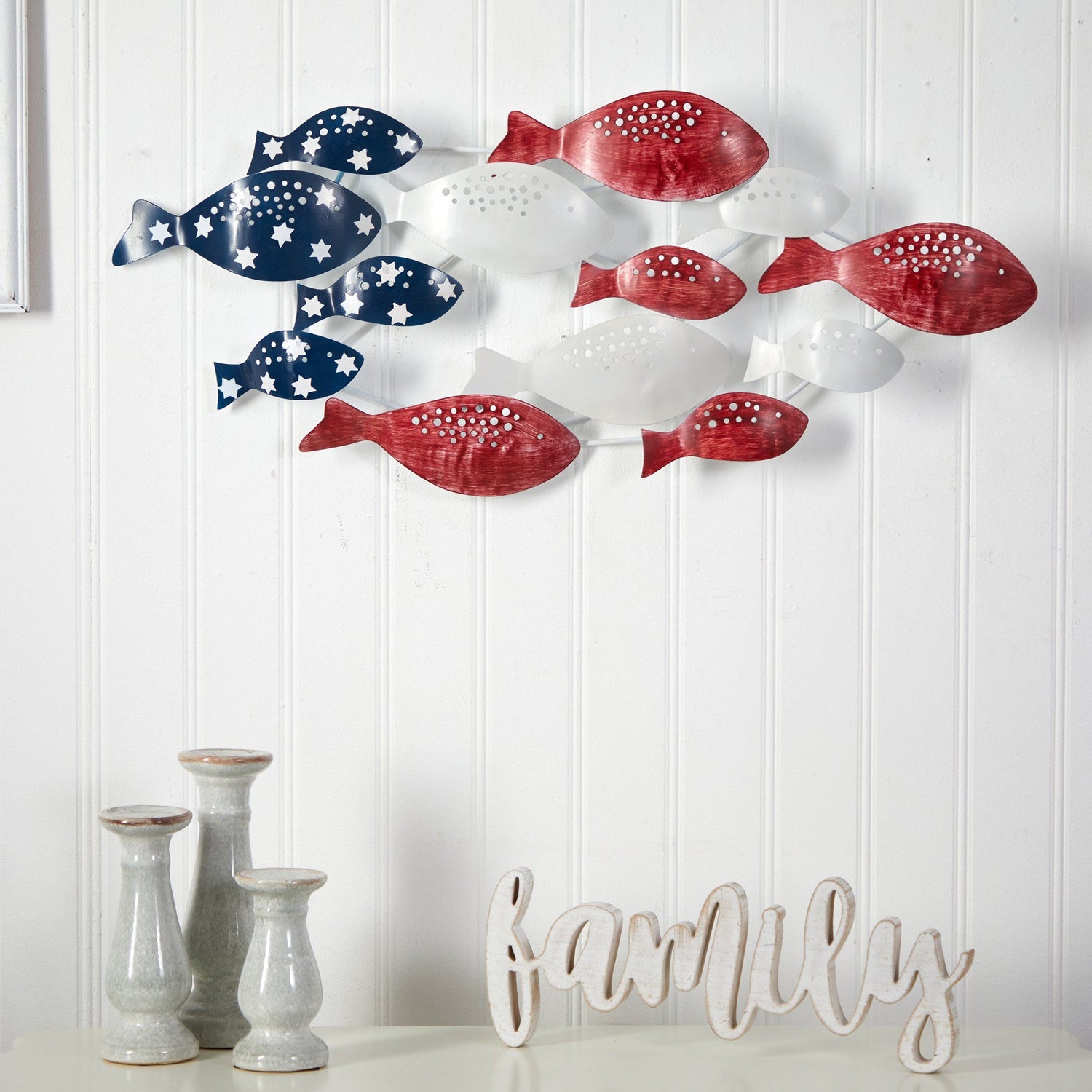 39" Patriotic Metal Fishes Wall Art Décor"