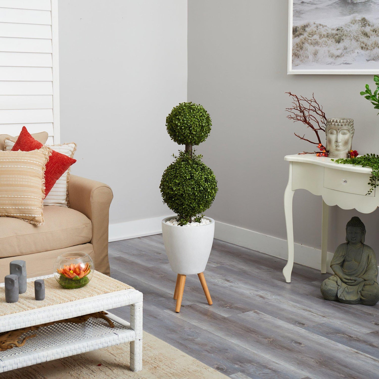 4’ Double Boxwood Topiary Artificial Tree in White Planter with Stand (Indoor/Outdoor)