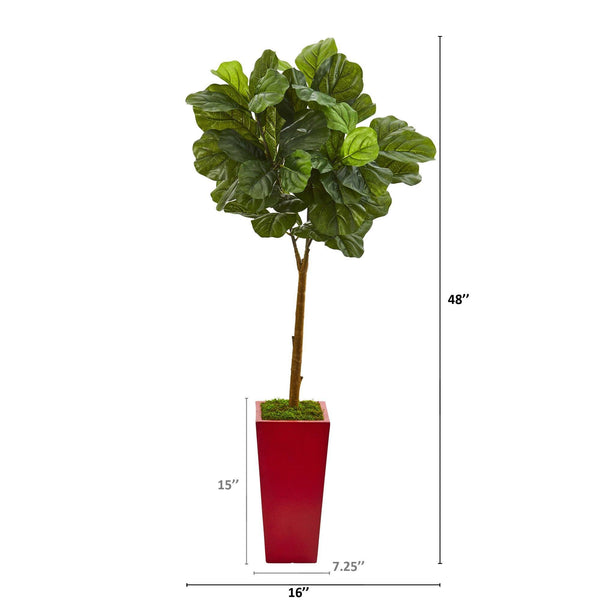 4’ Fiddle Leaf Artificial Tree in Red Planter (Real Touch)