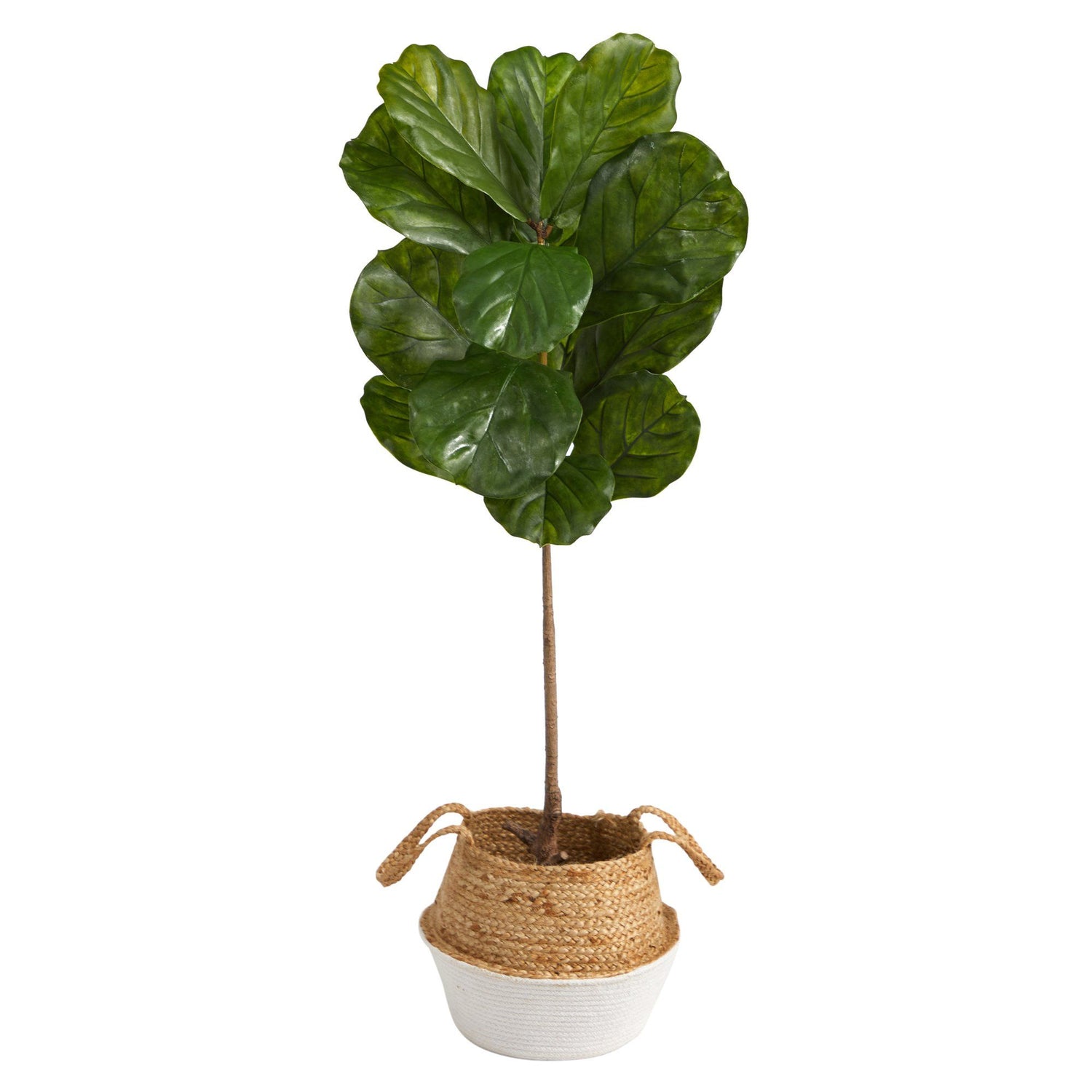 4’ Fiddle Leaf Tree in Boho Chic Handmade Cotton & Jute White Woven Planter UV Resistant