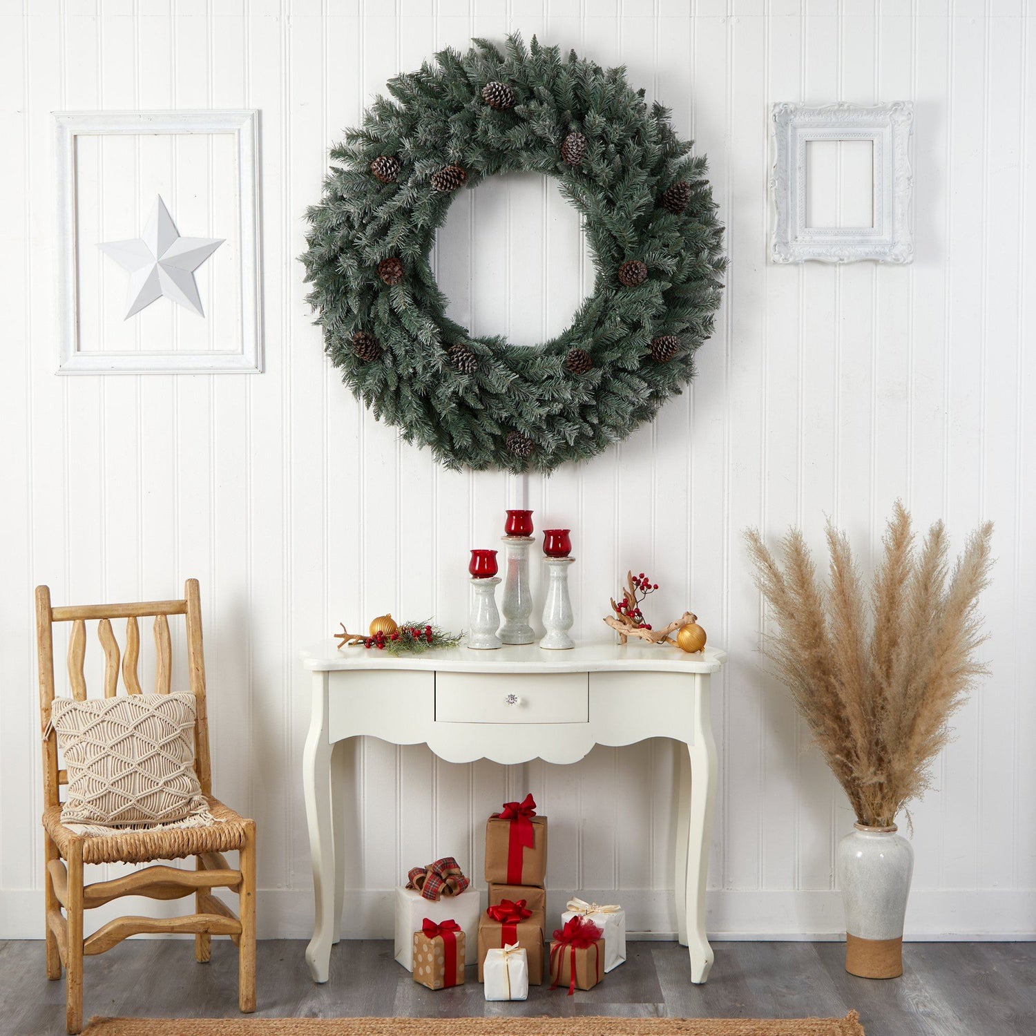 4’ Large Flocked Christmas Wreath with Pinecones, 150 Clear LED Lights and 360 Bendable Branches